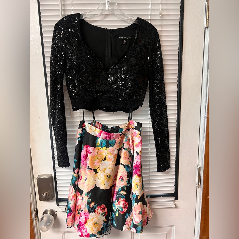 Black Sequin Crop Top and Floral Skirt prom dress 2 piece prom